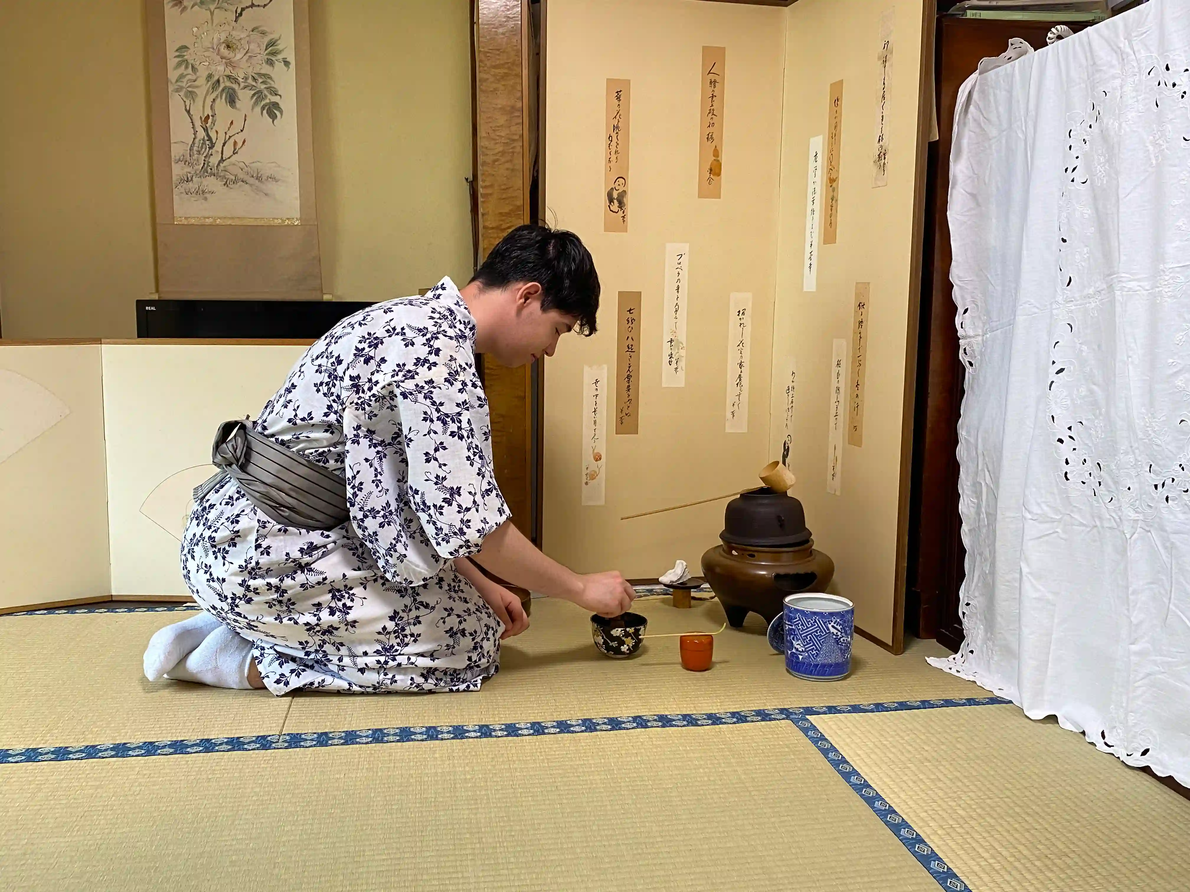Serene traditional Japanese tea room with garden view